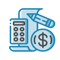 Calculator, pencil and dollar coin icon